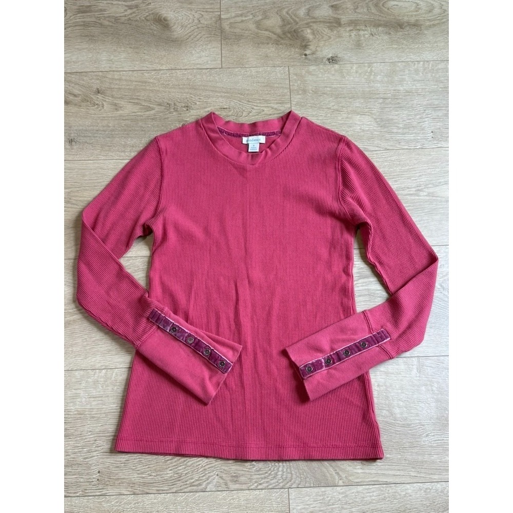 EUC Sundance Pink Waffle Knit Long Sleeve Top velvet trim stretch thermal size S